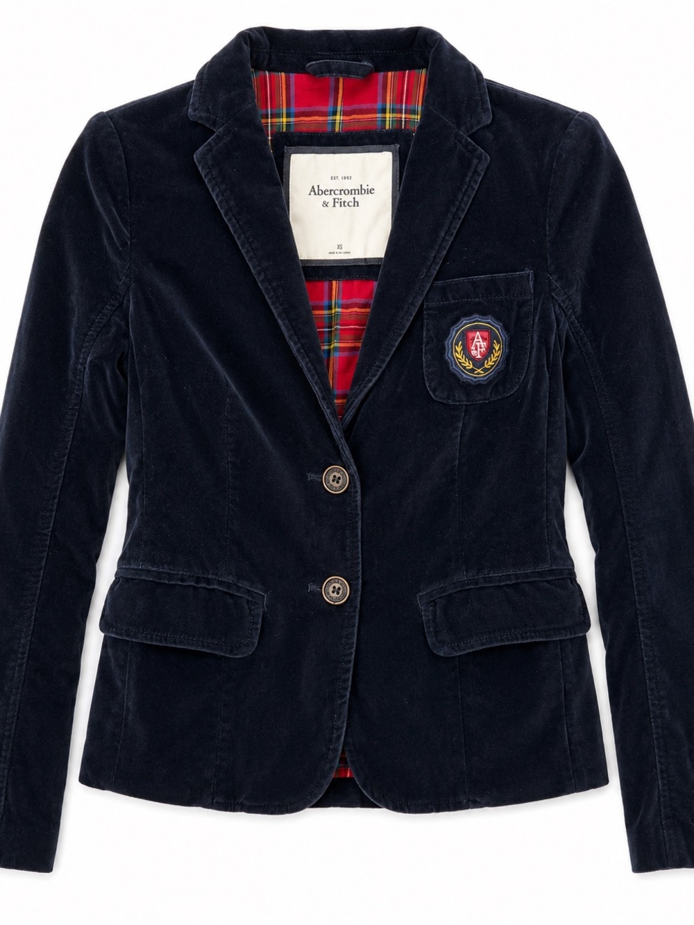 Vintage Y2K Abercrombie Velvet Navy Blazer Plaid Academia Crest XS